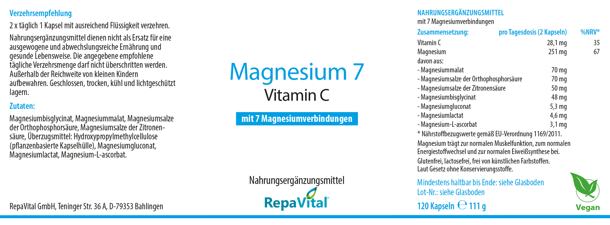 Magnesium 7 und Vitamin C  120Kapseln